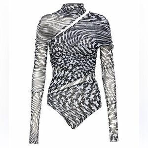 New Mugler Star Print Asymmetrical Cut Out Mesh Bodysuit in Black/White Size 40